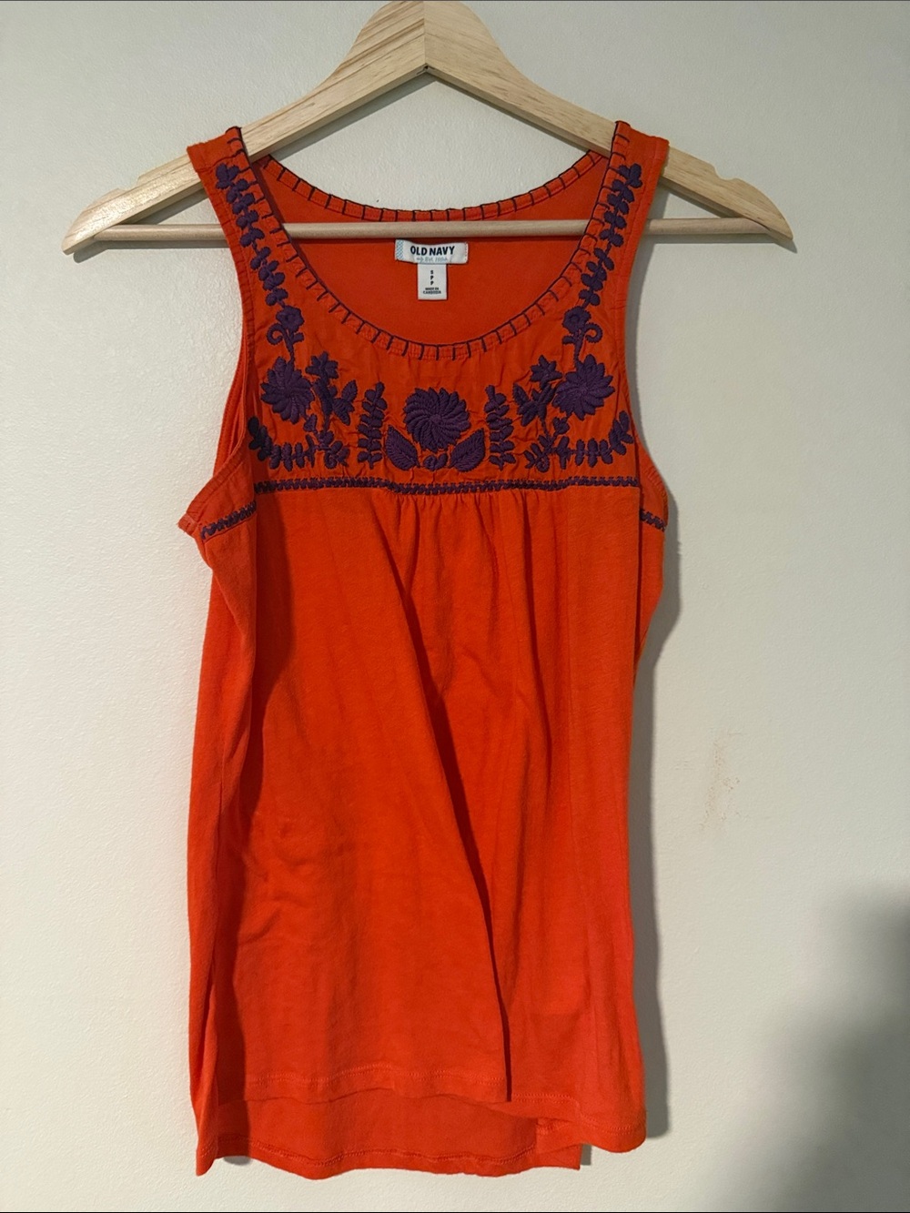 Old Navy Orange Tank with Navy Floral Embroidery